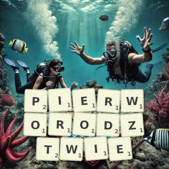 Kreatywna ilustracja do gry w Scrabble ze słowem PIERWORODZTWIE ułożonym z płytek na planszy.