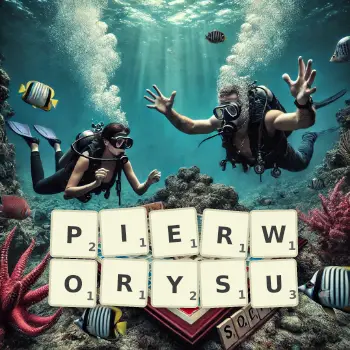 Kreatywna ilustracja do gry w Scrabble ze słowem PIERWORYSU ułożonym z płytek na planszy.