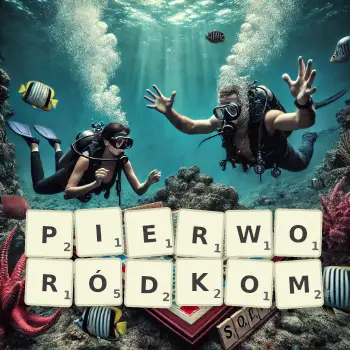 Kreatywna ilustracja do gry w Scrabble ze słowem PIERWORÓDKOM ułożonym z płytek na planszy.