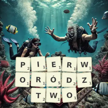 Kreatywna ilustracja do gry w Scrabble ze słowem PIERWORÓDZTWO ułożonym z płytek na planszy.