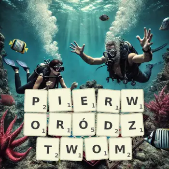Kreatywna ilustracja do gry w Scrabble ze słowem PIERWORÓDZTWOM ułożonym z płytek na planszy.