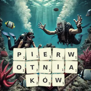 Kreatywna ilustracja do gry w Scrabble ze słowem PIERWOTNIAKÓW ułożonym z płytek na planszy.
