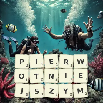 Kreatywna ilustracja do gry w Scrabble ze słowem PIERWOTNIEJSZYM ułożonym z płytek na planszy.