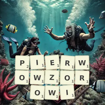 Kreatywna ilustracja do gry w Scrabble ze słowem PIERWOWZOROWI ułożonym z płytek na planszy.