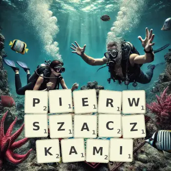 Kreatywna ilustracja do gry w Scrabble ze słowem PIERWSZACZKAMI ułożonym z płytek na planszy.