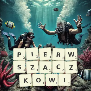 Kreatywna ilustracja do gry w Scrabble ze słowem PIERWSZACZKOWI ułożonym z płytek na planszy.