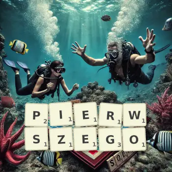 Kreatywna ilustracja do gry w Scrabble ze słowem PIERWSZEGO ułożonym z płytek na planszy.