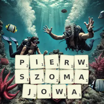 Kreatywna ilustracja do gry w Scrabble ze słowem PIERWSZOMAJOWA ułożonym z płytek na planszy.