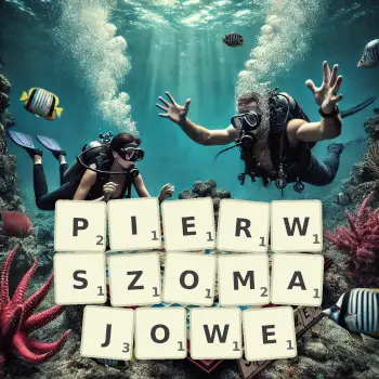 Kreatywna ilustracja do gry w Scrabble ze słowem PIERWSZOMAJOWE ułożonym z płytek na planszy.