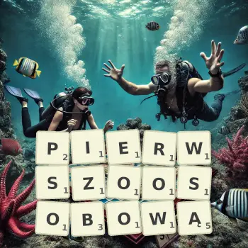 Kreatywna ilustracja do gry w Scrabble ze słowem PIERWSZOOSOBOWĄ ułożonym z płytek na planszy.