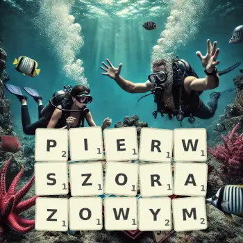Kreatywna ilustracja do gry w Scrabble ze słowem PIERWSZORAZOWYM ułożonym z płytek na planszy.