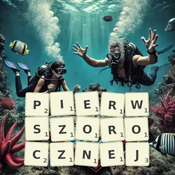 Kreatywna ilustracja do gry w Scrabble ze słowem PIERWSZOROCZNEJ ułożonym z płytek na planszy.