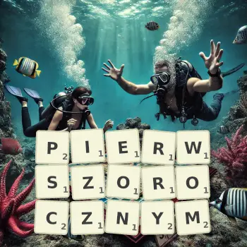 Kreatywna ilustracja do gry w Scrabble ze słowem PIERWSZOROCZNYM ułożonym z płytek na planszy.