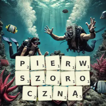Kreatywna ilustracja do gry w Scrabble ze słowem PIERWSZOROCZNĄ ułożonym z płytek na planszy.
