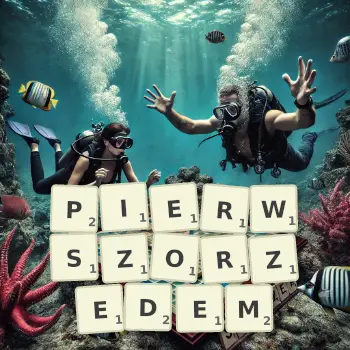 Kreatywna ilustracja do gry w Scrabble ze słowem PIERWSZORZEDEM ułożonym z płytek na planszy.