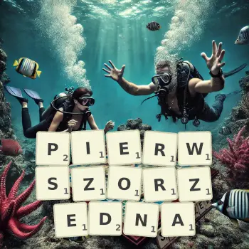 Kreatywna ilustracja do gry w Scrabble ze słowem PIERWSZORZEDNA ułożonym z płytek na planszy.