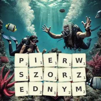 Kreatywna ilustracja do gry w Scrabble ze słowem PIERWSZORZEDNYM ułożonym z płytek na planszy.