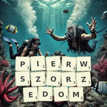 Kreatywna ilustracja do gry w Scrabble ze słowem PIERWSZORZEDOM ułożonym z płytek na planszy.