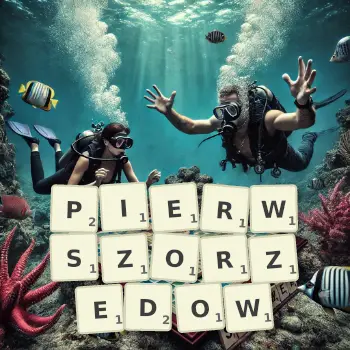 Kreatywna ilustracja do gry w Scrabble ze słowem PIERWSZORZEDOW ułożonym z płytek na planszy.