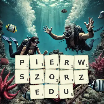 Kreatywna ilustracja do gry w Scrabble ze słowem PIERWSZORZEDU ułożonym z płytek na planszy.