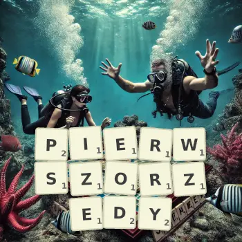 Kreatywna ilustracja do gry w Scrabble ze słowem PIERWSZORZEDY ułożonym z płytek na planszy.