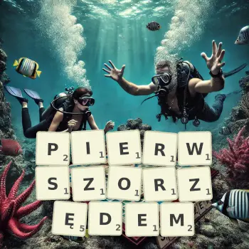 Kreatywna ilustracja do gry w Scrabble ze słowem PIERWSZORZĘDEM ułożonym z płytek na planszy.