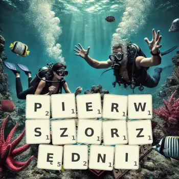 Kreatywna ilustracja do gry w Scrabble ze słowem PIERWSZORZĘDNI ułożonym z płytek na planszy.