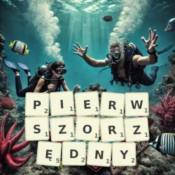 Kreatywna ilustracja do gry w Scrabble ze słowem PIERWSZORZĘDNY ułożonym z płytek na planszy.