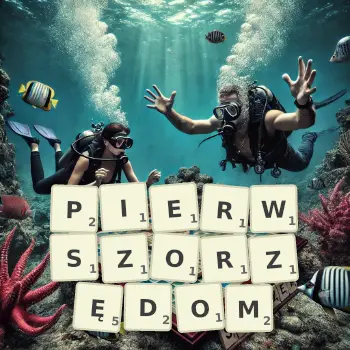 Kreatywna ilustracja do gry w Scrabble ze słowem PIERWSZORZĘDOM ułożonym z płytek na planszy.