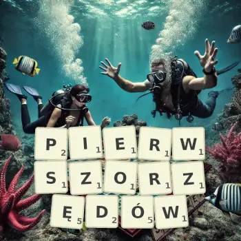 Kreatywna ilustracja do gry w Scrabble ze słowem PIERWSZORZĘDÓW ułożonym z płytek na planszy.