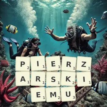 Kreatywna ilustracja do gry w Scrabble ze słowem PIERZARSKIEMU ułożonym z płytek na planszy.