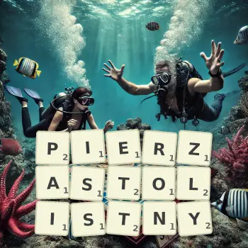 Kreatywna ilustracja do gry w Scrabble ze słowem PIERZASTOLISTNY ułożonym z płytek na planszy.