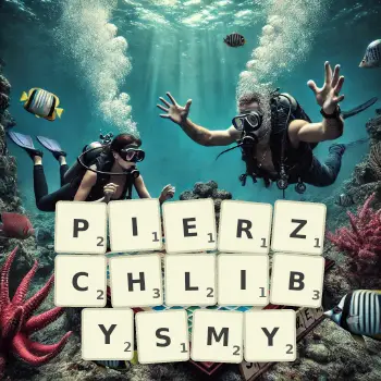 Kreatywna ilustracja do gry w Scrabble ze słowem PIERZCHLIBYSMY ułożonym z płytek na planszy.