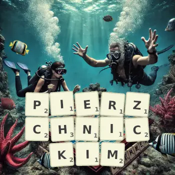 Kreatywna ilustracja do gry w Scrabble ze słowem PIERZCHNICKIM ułożonym z płytek na planszy.