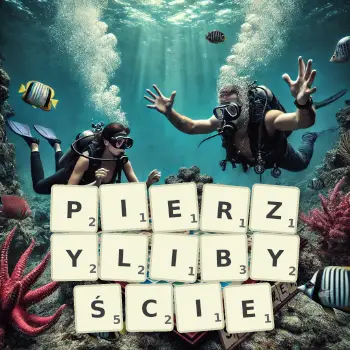 Kreatywna ilustracja do gry w Scrabble ze słowem PIERZYLIBYŚCIE ułożonym z płytek na planszy.