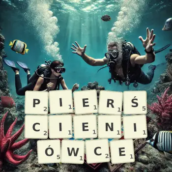 Kreatywna ilustracja do gry w Scrabble ze słowem PIERŚCIENIÓWCE ułożonym z płytek na planszy.
