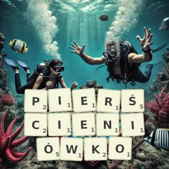 Kreatywna ilustracja do gry w Scrabble ze słowem PIERŚCIENIÓWKO ułożonym z płytek na planszy.