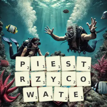 Kreatywna ilustracja do gry w Scrabble ze słowem PIESTRZYCOWATE ułożonym z płytek na planszy.