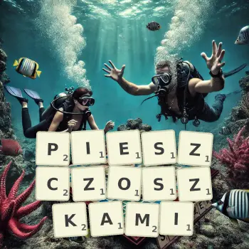 Kreatywna ilustracja do gry w Scrabble ze słowem PIESZCZOSZKAMI ułożonym z płytek na planszy.