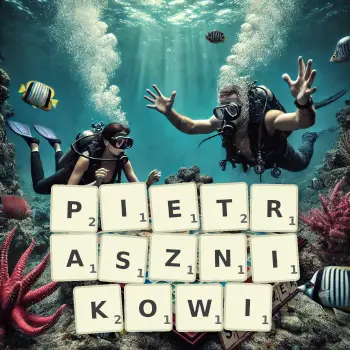 Kreatywna ilustracja do gry w Scrabble ze słowem PIETRASZNIKOWI ułożonym z płytek na planszy.