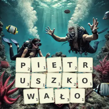 Kreatywna ilustracja do gry w Scrabble ze słowem PIETRUSZKOWAŁO ułożonym z płytek na planszy.