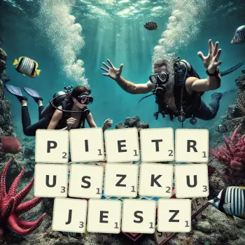Kreatywna ilustracja do gry w Scrabble ze słowem PIETRUSZKUJESZ ułożonym z płytek na planszy.