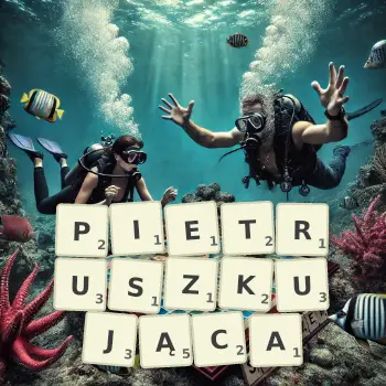 Kreatywna ilustracja do gry w Scrabble ze słowem PIETRUSZKUJĄCA ułożonym z płytek na planszy.