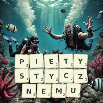 Kreatywna ilustracja do gry w Scrabble ze słowem PIETYSTYCZNEMU ułożonym z płytek na planszy.