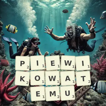 Kreatywna ilustracja do gry w Scrabble ze słowem PIEWIKOWATEMU ułożonym z płytek na planszy.