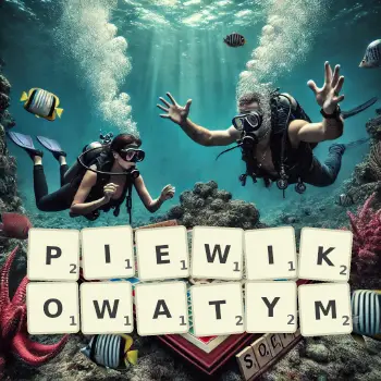 Kreatywna ilustracja do gry w Scrabble ze słowem PIEWIKOWATYM ułożonym z płytek na planszy.