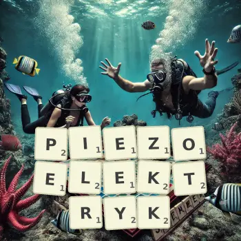 Kreatywna ilustracja do gry w Scrabble ze słowem PIEZOELEKTRYK ułożonym z płytek na planszy.
