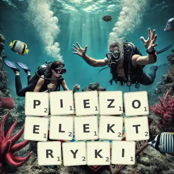 Kreatywna ilustracja do gry w Scrabble ze słowem PIEZOELEKTRYKI ułożonym z płytek na planszy.
