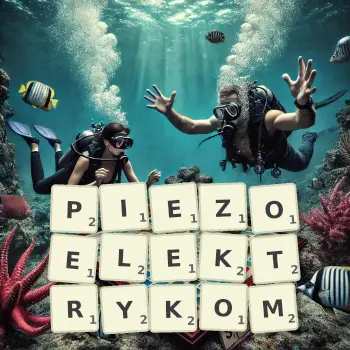 Kreatywna ilustracja do gry w Scrabble ze słowem PIEZOELEKTRYKOM ułożonym z płytek na planszy.