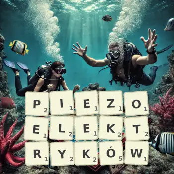 Kreatywna ilustracja do gry w Scrabble ze słowem PIEZOELEKTRYKÓW ułożonym z płytek na planszy.
